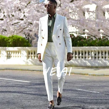 Белые Двубортные мужские костюмы С остроконечным лацканом, Приталенный Свадебный смокинг, 2 предмета, Африканская мужская модная куртка с брюками