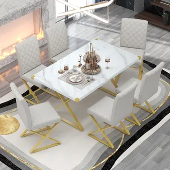 Белый современный обеденный стол из 7 предметов, прямоугольный мраморный кухонный стол и 6 стульев из искусственной кожи для внутренней ресторанной мебели