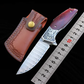 Бесплатный Wolf DM10 Дамасский Складной нож с деревянной ручкой, Шарикоподшипник, Универсальный EDC, Карманный Нож для выживания на открытом воздухе, Охотничий инструмент для выживания на открытом воздухе