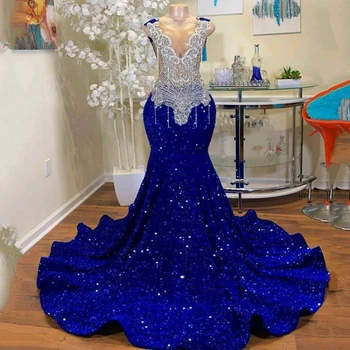 Блестящее Королевско-синее Сексуальное платье Русалки для выпускного вечера Для черных девушек, блестящее платье для вечеринки в честь дня рождения из бисера и кристаллов, Vestidos De Fiesta