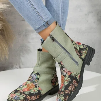 Большие женские хлопчатобумажные кожаные ботинки, осень и зима, новые вышитые цветы, винтажная пряжка на ремне, женская обувь на молнии, Botas