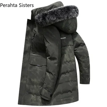 Брендовая высококачественная Длинная пуховая куртка для мужчин с камуфляжными меховыми воротниками и капюшоном, куртки из 90% серой утки, мужская зимняя одежда