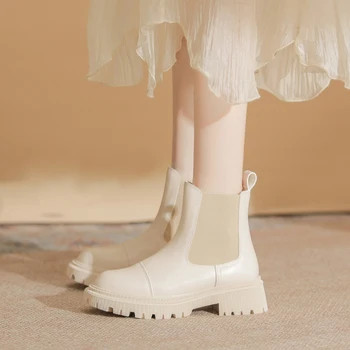 Брендовые дизайнерские ботильоны с эластичной резинкой, женские ботинки на толстой подошве с короткой трубкой, белые кожаные ботфорты с круглым носком на толстом каблуке, зимние botas muje