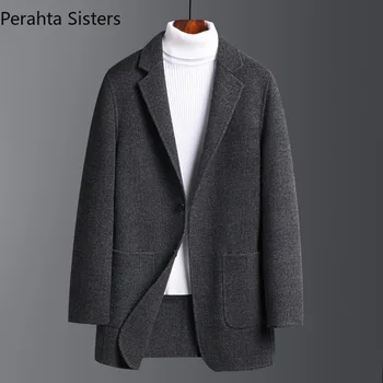 Брендовый Высококачественный двусторонний шерстяной тренч, осенне-зимнее серое шерстяное пальто в деловую клетку, роскошная мужская одежда