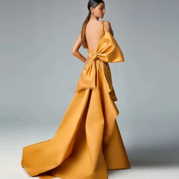 Верхняя юбка с квадратным вырезом на заказ, вечерние платья русалки, Оранжевые атласные складки, платье знаменитостей с большим бантом, расшитое бисером, без спинки, Формальное