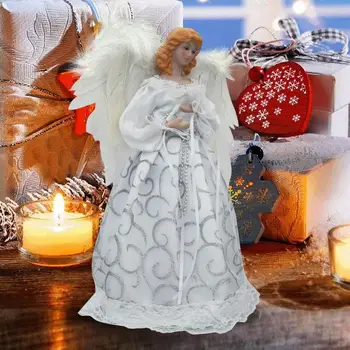 Верхушка для Рождественской елки в виде ангела Многоразового использования, светящаяся верхушка для елки в виде ангела с крыльями из перьев, Длинное платье, Праздничное украшение, вечеринка