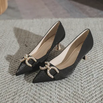 Весенне-осенние новые женские французские туфли на высоком каблуке с жемчужным заострением, женские тонкие туфли на тонком каблуке wl-E019