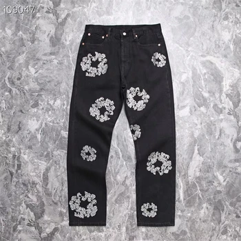 Весенне-осенние повседневные уличные джинсы kapok черного цвета с бриллиантами для мужчин и женщин Kanye large jeans
