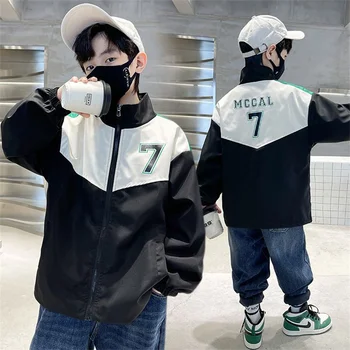 Весенне-осенняя куртка для мальчиков, новинка 2023 года, корейская версия, ветровка, модная детская одежда с капюшоном и градиентным принтом от 5 до 15 лет