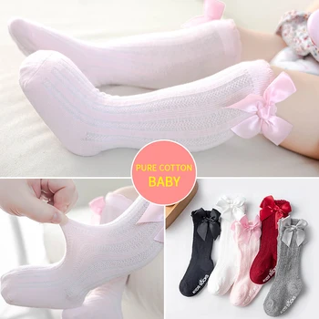 Весенние носки для маленьких мальчиков и девочек с мультяшным бантом, Весенне-осенние хлопковые дышащие Длинные носки, противоскользящие носки для малышей от 0 до 4 лет