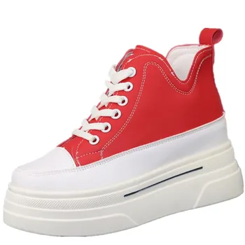 Весенняя Красная женская обувь с высоким берцем; Коллекция 2023 года; Осенние Новые кроссовки на шнуровке Высотой 8 см; Повседневная обувь на толстой подошве