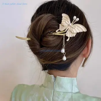 Вилка для волос с бабочкой, заколка для волос с кисточкой, Женские палочки для еды с бабочкой, Китайские палочки для волос, булочки, палочка для волос с бабочкой