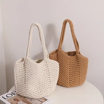 Винтажная плетеная ручная сумка, сумки для покупок, корейский стиль, летние повседневные, простые, мягкие, однотонные, Элегантные, портативные для приморья
