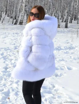 Высококачественные пальто и куртки из искусственного меха чернобурки, женские пушистые пальто с капюшоном, толстая теплая зимняя меховая куртка Manteau Femme