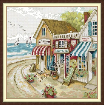 Вышитая крестиком картина с изображением гостиной и спальни в магазине seaside shop, ручная вышивка 11 карат/14 карат