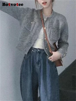 Вязаный кардиган Botvotee, женский осень-Зима 2023, Новый повседневный укороченный кардиган на пуговицах с круглым вырезом, винтажный шикарный свитер с длинным рукавом