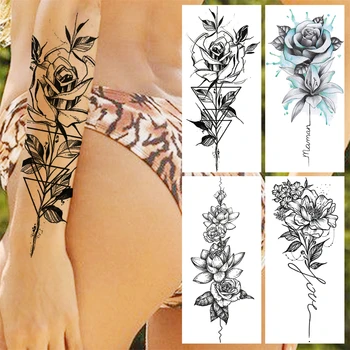 Геометрия руки в виде цветка черной розы, временные татуировки Для женщин, взрослые Девушки, поддельные татуировки в виде Лотоса, Реалистичная бумага для татуировок в стиле боди-арт