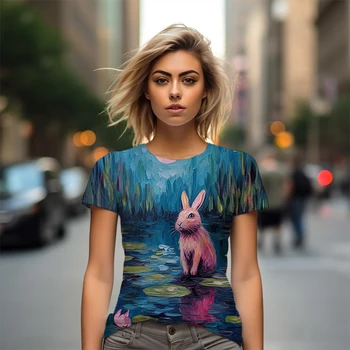 Горячая футболка с 3D рисунком милого кролика, Корейская версия женской повседневной футболки оверсайз, уличная модная женская футболка