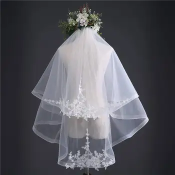 Двухслойные свадебные вуали в цветочек из тюля с гребнем корейского бежевого цвета длиной до плеч для новобрачных для женщин