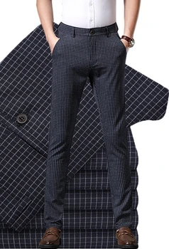 Деловые мужские осенне-весенние модные длинные брюки, официальные костюмные брюки, мужские эластичные Прямые повседневные брюки из хлопка в клетку Большого размера A55