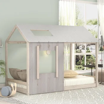 Деревянная кровать-платформа Twin Classic House с крышей и окном для детей, серая детская кровать кровать для малышей