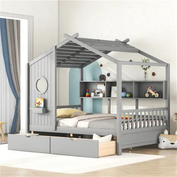 Деревянная полноразмерная кровать-домик с 2 выдвижными ящиками, детская кровать с полкой для хранения, Прочная И легко монтируемая Мебель для спальни