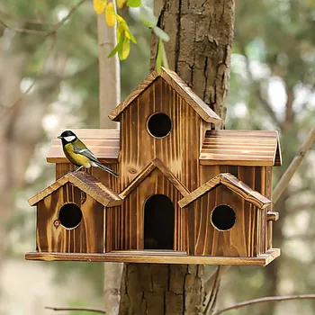 Деревянный птичий домик на 6 отверстий, креативное пасторальное птичье гнездо для попугаев на открытом воздухе, Кормушка для птиц в стиле виллы, украшения для внутреннего двора, украшения