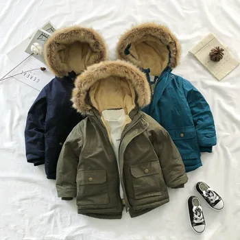 Детская зимняя куртка, детская одежда, ветровка с большими карманами, куртка с капюшоном, плюшевая и толстая хлопковая куртка, парка