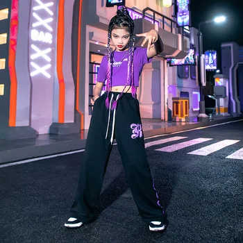 Детская одежда в стиле хип-хоп, укороченный топ с фиолетовыми буквами, футболка, Черные повседневные спортивные штаны для уличных видов спорта для девочек, одежда для джазовых танцев