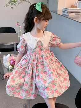 Детская одежда для девочек, платье принцессы, милое, однотонное, с цветочным принтом, отложным воротником, романтичное, милое, повседневное, элегантное 2023