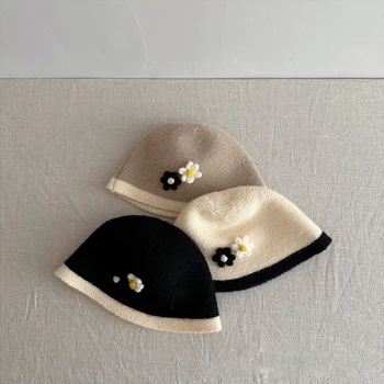 Детская рыбацкая шапка в корейском стиле, вязаная с цветком, осенне-зимняя детская панама, повседневная модная шапочка для мальчиков и девочек