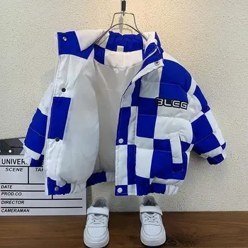 Детская хлопчатобумажная куртка, зимняя новинка, хлопчатобумажная куртка с клетчатым воротником для мальчиков и девочек, детская одежда, детские парки 2023