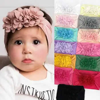 Детские аксессуары для волос с шифоновыми цветами, мягкие и удобные нейлоновые повязки на голову, детские ювелирные повязки на голову