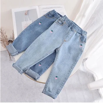Детские джинсы, весенне-осенние новые джинсовые штаны с вышивкой для девочек, детская одежда