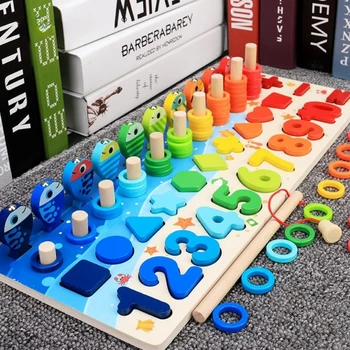 Детские Математические игрушки Монтессори для малышей, развивающие деревянные головоломки, игрушки для рыбалки, игры для подбора чисел по форме, настольные игрушки