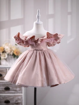Детское розовое вечернее платье Шикарное тюлевое платье принцессы с открытыми плечами и бантом Детский костюм ведущего для вечеринки для девочек Бальное платье