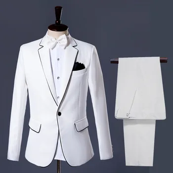Джентльменский Тонкий повседневный белый костюм, мужские простые деловые элегантные костюмы (куртка + брюки) Свадебный жених, приталенный смокинг, полный мужской костюм