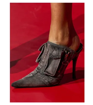 Джинсовые полуприлегающие женские босоножки с острым носком и модным карманом на молнии для подиума в стиле ретро, винтажные тапочки на высоком каблуке-шпильке