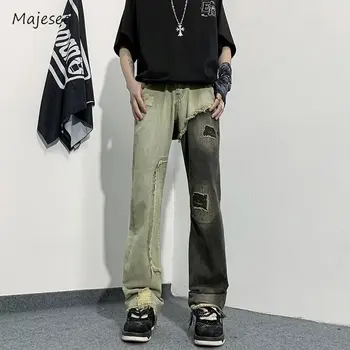 Джинсы Мужские Свободные Прямые Летние джинсовые брюки, Шикарные выстиранные Винтажные японские брюки Harajuku Полной длины, уличная одежда College New