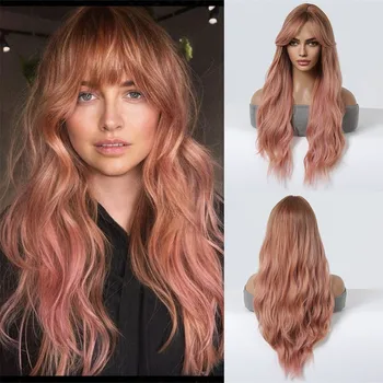 Длинные волнистые розово-розовые парики из синтетических волос с челкой, красочные парики для косплея на Хэллоуин для женщин, афро Повседневные Термостойкие
