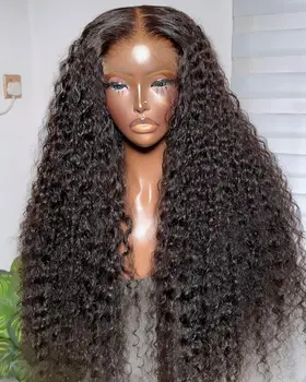 Длинные кудрявые Натуральные черные 1B прозрачные кружевные парики спереди для чернокожих женщин 26 дюймов Бесклеевые синтетические кружевные парики 13x4