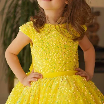 Желтое платье с цветочным узором для девочек, расшитое блестками, для свадебной вечеринки, платье для первого причастия, церемониальное платье с короткими рукавами, бальное платье