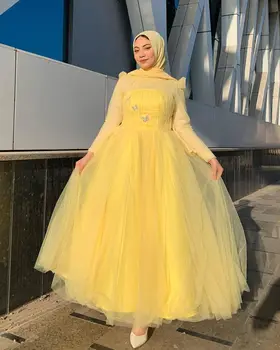 Желтые платья для выпускного вечера 2023 Трапециевидные бабочки из тюля с длинными рукавами Настраиваемое платье для официальных мероприятий в Саудовской Аравии