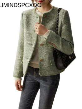 Женская Классическая Короткая куртка из зеленого Твида ручной работы из искусственной шерсти Осень 2023, Тонкая верхняя одежда, Женское Шерстяное пальто