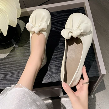 Женская обувь 2023, высококачественные уличные женские балетки с круглым носком, летние однотонные женские туфли на плоской подошве с галстуком-бабочкой