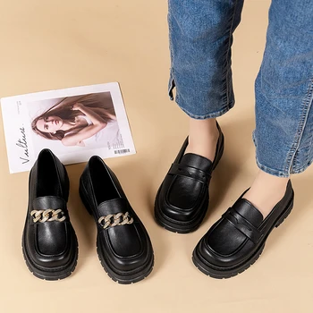 Женская обувь 2023, Лоферы С Мехом, Оксфорды, Черные Туфли На Плоской подошве, Сабо На платформе В Британском Стиле С Круглым носком, Женская Обувь, Универсальная Новая Комбинация-