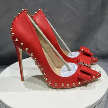 Женская обувь на высоком каблуке с бабочкой и заклепками, женские базовые туфли-лодочки, Свадебные туфли, женские туфли на шпильке, женские туфли на каблуке Плюс Размер 43