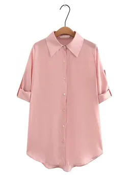 Женская одежда Больших размеров, Комплект из двух предметов, Однотонная рубашка с отворотом Средней длины С длинным рукавом И Комбинированный Эластичный камзол