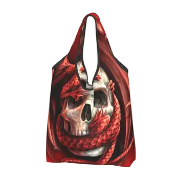 Женская повседневная сумка для покупок с красным драконом и черепом, сумка-тоут большой емкости, портативная сумка для хранения, складные сумки