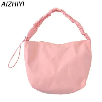 Женская простая сумка-хобо с ремешком с рюшами, повседневная сумка для подмышек, однотонная мягкая сумка для отдыха на природе для девочек большой емкости